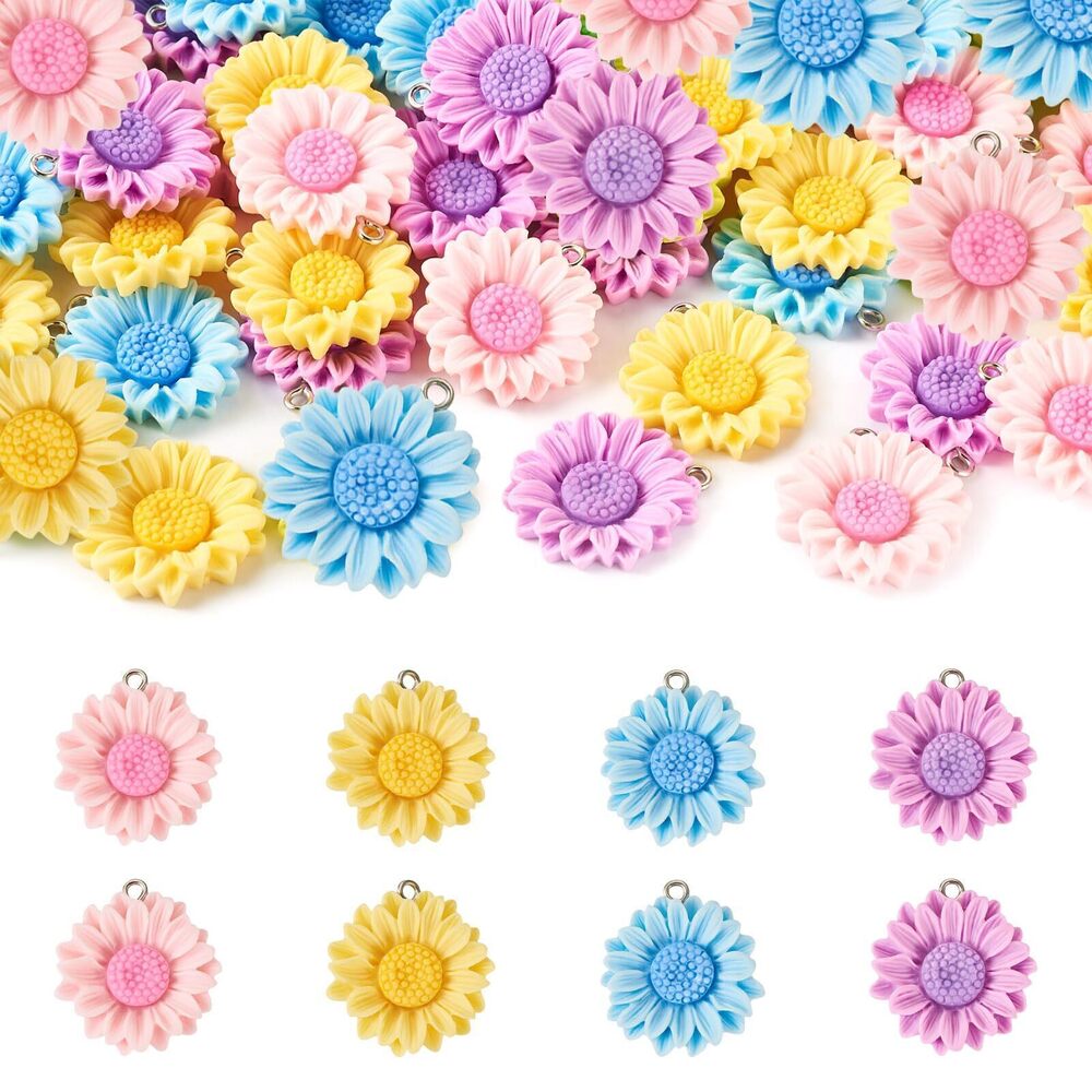 8672 40Pcs Resin Sunflower Charms Colorful Flatback Daisy Flower Charms